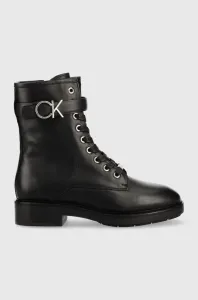 Kožené členkové topánky Calvin Klein Rubber Sole Combat Boot dámske, čierna farba, na plochom podpätku,