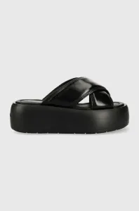 Kožené šľapky Calvin Klein BUBBLE SLIDE - PAT dámske, čierna farba, na platforme, HW0HW01469