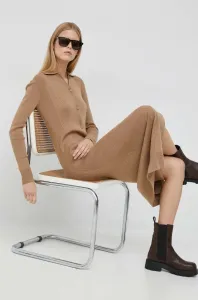 Šaty s prímesou vlny Calvin Klein béžová farba, maxi, priliehavá #9238585