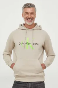Bavlnená mikina Calvin Klein Jeans pánska, béžová farba, s kapucňou, s potlačou