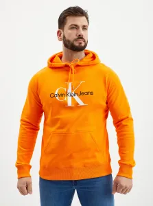 Bavlnená mikina Calvin Klein Jeans pánska, oranžová farba, s kapucňou, s nášivkou