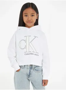 Detská mikina Calvin Klein Jeans biela farba, s kapucňou, s potlačou