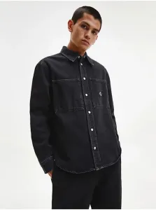 Rifľová košeľa Calvin Klein Jeans pánska, čierna farba, voľný strih, s klasickým golierom