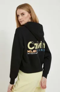 Bavlnená mikina Calvin Klein Jeans dámska, čierna farba, s kapucňou, s potlačou #8864384
