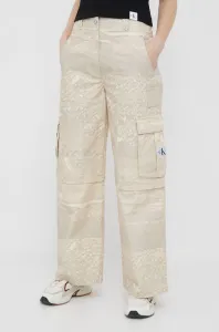Bavlnené nohavice Calvin Klein Jeans béžová farba, široké, vysoký pás #9260190