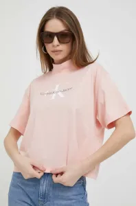 Bavlnené tričko Calvin Klein Jeans ružová farba, s polorolákom