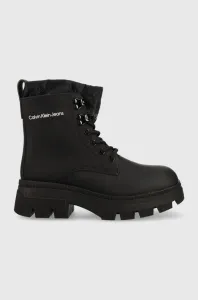 Kožené členkové topánky Calvin Klein Jeans Chunky Combat Laceup Hiking dámske, čierna farba, na podpätku,