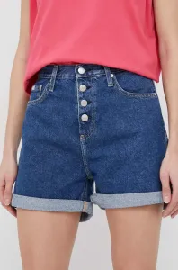 Rifľové krátke nohavice Calvin Klein Jeans dámske, tmavomodrá farba, jednofarebné, vysoký pás #8177212