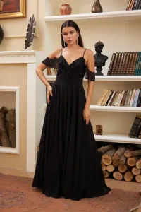 Carmen Black Chiffon Long Evening Dress with Ruffles on the chest