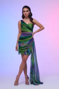 Carmen Green Printed One Sleeve Short Evening Dress with Tail