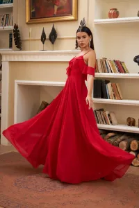 Carmen Red Chiffon Long Evening Dress with Ruffles on the chest