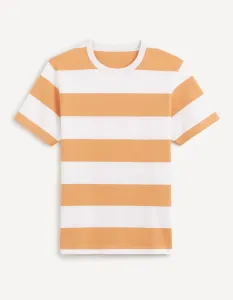 Bielo-oranžové pánske pruhované tričko Celio Beboxr #5538238