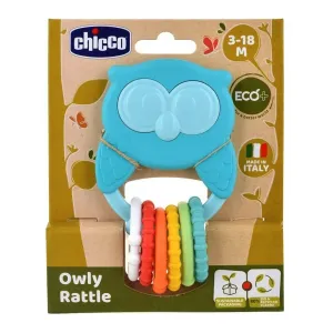CHICCO - Hryzačka s hrkálkou so senzorickými krúžkami Eco+ Sova Owly 3m+