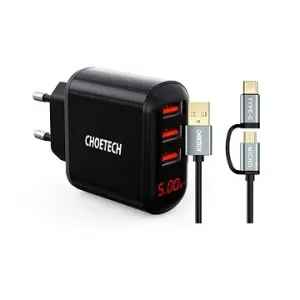 Set ChoeTech 5 V/3.4 A 3× USB-A Digital Display Wall Charger + 2 in 1 USB to Micro USB/(USB-C) 1.2 m #8305207