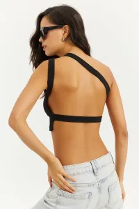 Cool & Sexy Women's Black One-Shoulder Open-Cut Crop Blouse B1819