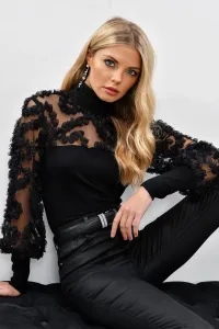 Cool & sexy dámska čierna blúzka s tylovými rukávmi a tombolovým doplnkom BK894 #4670298