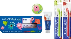 CURAPROX Kids Limitovaná edícia, 2× kefka kids + zubná pasta jahoda bez fluoridu 60 ml