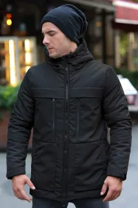 D1fference Pánska čierna fleecová vodotesná a vetruodolná zimná bunda s kapucňou > kabát & parka