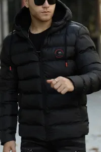 D1fference Pánsky čierny zimný nafukovací športový kabát s hustou podšívkou s hustou podšívkou a vetrom odolný kabát s kapucňou