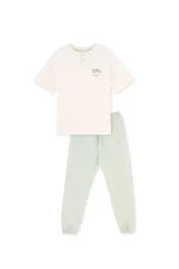 Dagi Ecru Short Sleeve Knitted Pajama Set with Print Detail #8713154