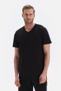 Dagi Black V-Neck Interlock Cotton Short Sleeve T-Shirt