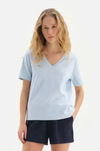 Dagi Light Blue V-Neck Viscose T-shirt