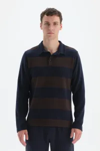 Dagi Navy Blue Striped Polo Neck Half Pop Sweatshirt