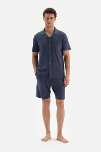 Dagi Navy Blue Shirt Collar Short Sleeved Shorts Knitted Pajamas Set