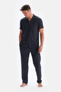 Dagi Navy Blue Size Printed Cotton Modal Shirt Trousers Pajamas Set