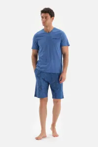 Dagi Blue V-Neck Short Sleeved Knitted Pajamas Set