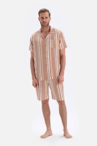 Dagi Brown Striped Shirt Collar Shorts Woven Pajama Set