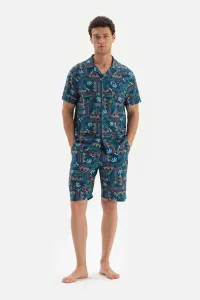 Dagi Navy Blue Shirt Collar Meter Printed Woven Pajama Set #7126689