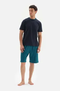 Dagi Navy Blue Crescent Collar Shorts and Knitted Pajamas Set #7126548