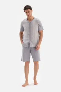 Dagi Gray Front Buttoned Striped Woven Shorts Pajama Set #7126685