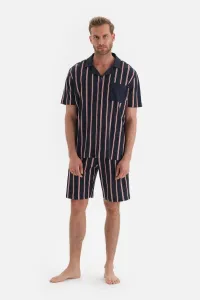 Dagi Navy Blue Shirt Collar Striped Short Sleeved Shorts Knitted Pajamas Set #5775484