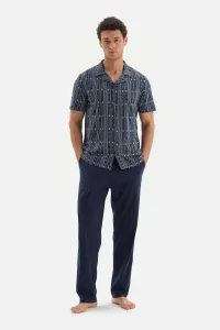 Dagi Navy Blue Shirt Collar Printed Top Knitted Pajamas Set #6885069