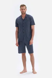 Dagi Navy Blue Meter Printed Shirt Collar Shorts Knitted Pajamas Set