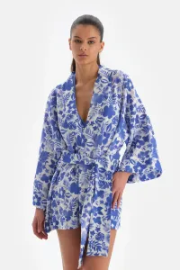 Dagi Blue White Linen Short Kimono #7852651