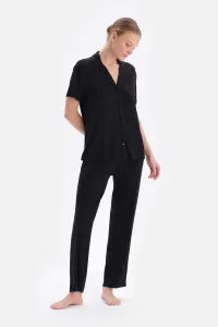 Dagi Black Embroidery Detailed Viscose Shirt Trousers Pajamas Set #9053866