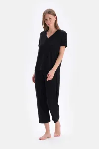 Dagi Black Short Sleeve V Neck Basic Viscose T-Shirt Trousers Pajamas Set #9160907