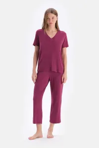 Dagi Burgundy Short Sleeve V Neck Basic Viscose T-Shirt Trousers Pajamas Set