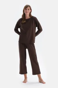 Dagi Dark Brown Boat Neck Basic T-Shirt Trousers Pajama Set