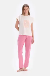 Dagi Ecru Short Sleeve Piece Printed T-Shirt Trousers Pajamas Set #9053695