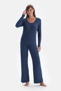 Dagi Indigo Ribbed Camisole Round Neck Knitted Pajama Set #7832961