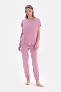 Dagi Lilac Crew Neck Short Sleeve T-Shirt Jogger Bottom Pajamas Set #9155789