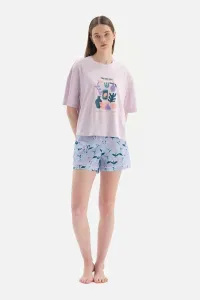 Dagi Light Lilac Crew Neck Printed Top, Patterned Bottom Shorts, Pajamas Set
