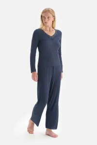 Dagi Navy Blue Long Sleeve V-neck Pleated Pajamas Set
