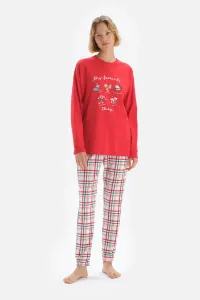 Dagi Red Long Sleeve Graphic Printed Top Plaid Bottom Pajama Set