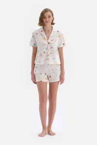 Dagi Off-White Patterned Shirt Collar Shorts Knitted Pajamas Set
