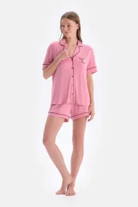 Dagi Pink Short Sleeve Embroidery Detailed Viscose Shirt Shorts Pajamas Set